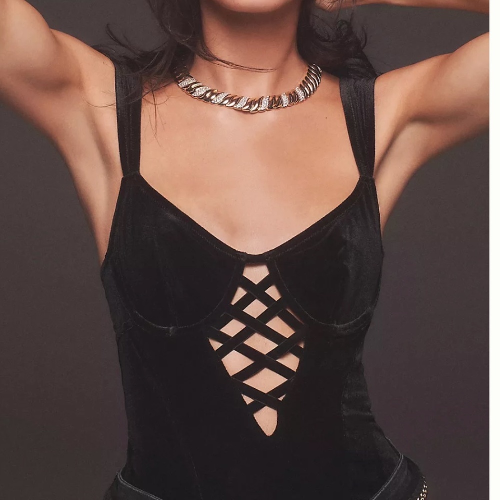 Velvet Lattice Cutout Sexy Night Chic Glam Girly Romantic Classy Corset Bodysuit